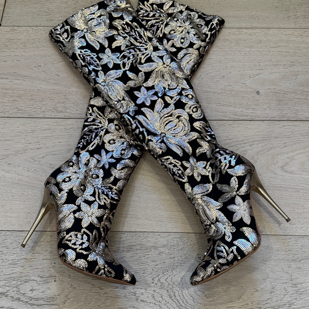 Shoe Republic LA Gold & Black Sequin Over-The-Knee Boots - Picture 7 of 11